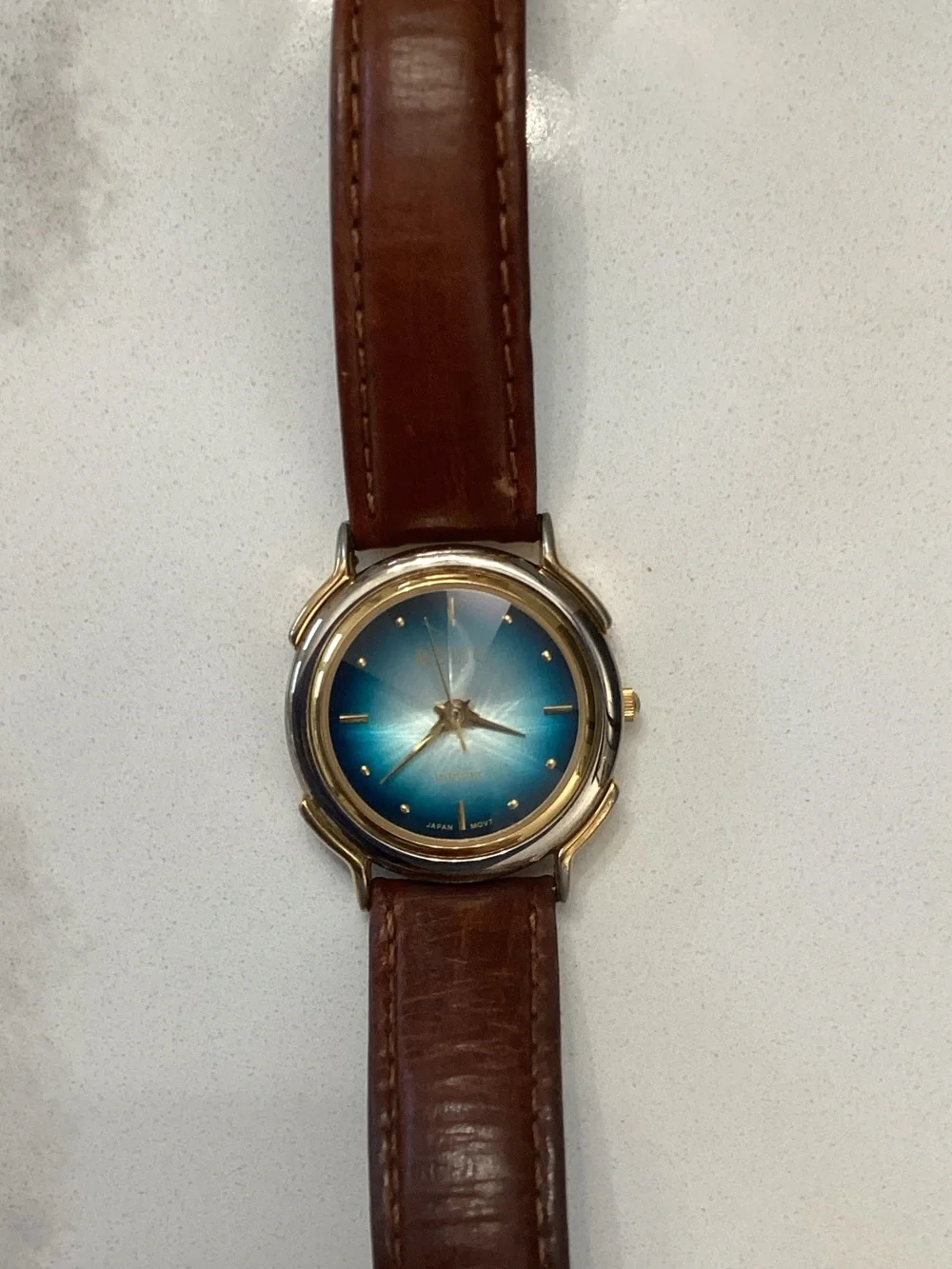 Vintage Relic Blue Sunburst Dial Brown Leather Strap Watch